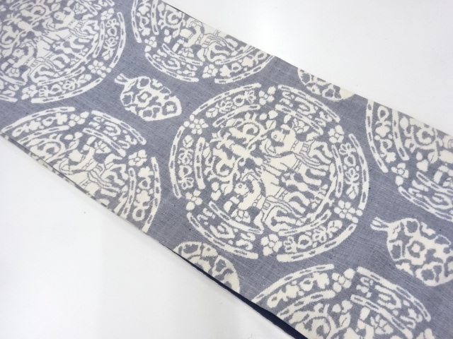 アンティーク　手織り紬抽象模様織出し袋帯（材料）